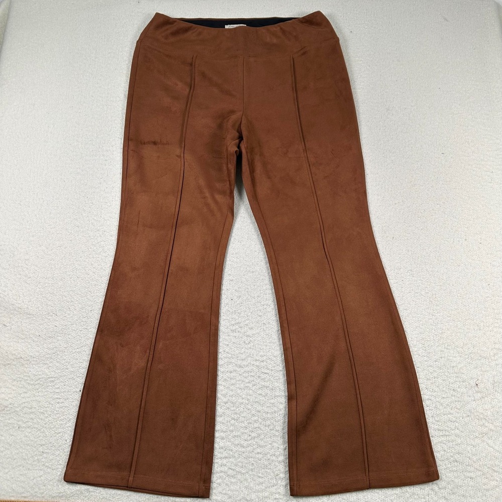 John Mark Pants Women 14 Flare Leg High Rise Pull on Faux Suede Flat Front Brown